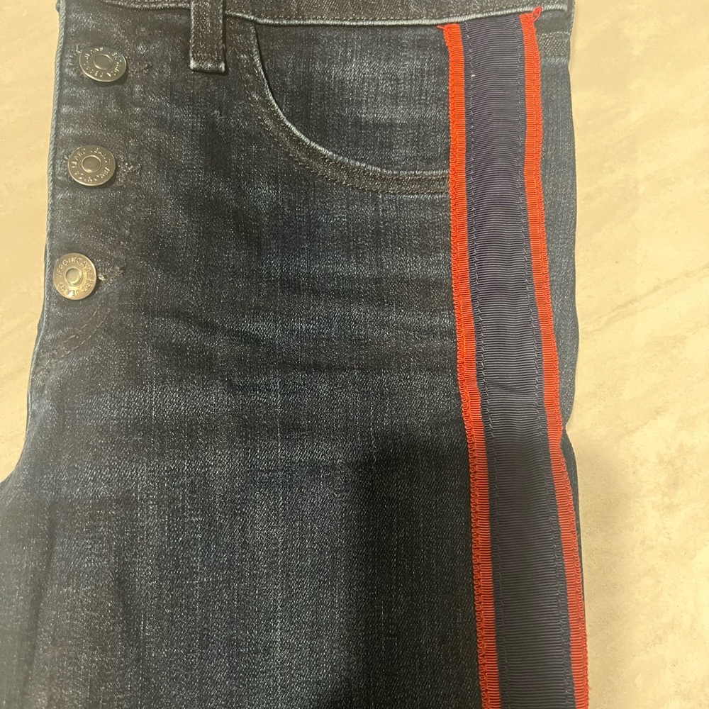 Veronica Beard Dark Blue Cropped Jeans with Red Side Stripes, hem is a raw edge - Picture 12 of 12